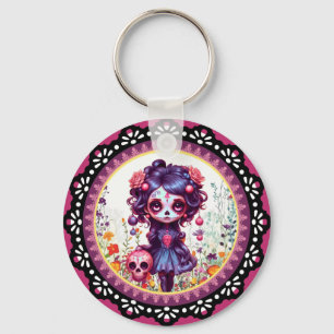 Cute Gothic Garden Sugar Skull Keychain