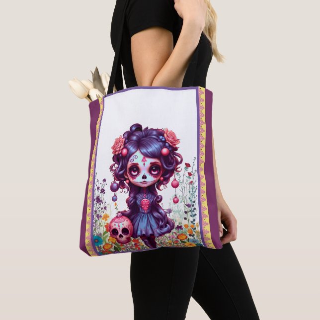 Cute Gothic Garden Sugar Skull  Tote Bag (Close Up)