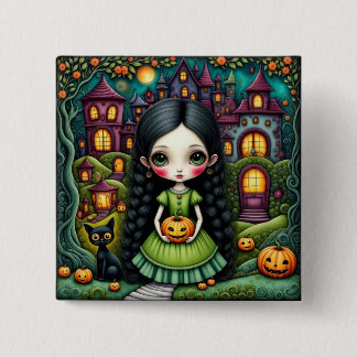 Cute Gothic Girl Pumpkin Halloween Village 2 Inch Square Button