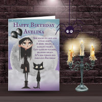 Cute Gothic Girl With Her Black Cat Birthday Card