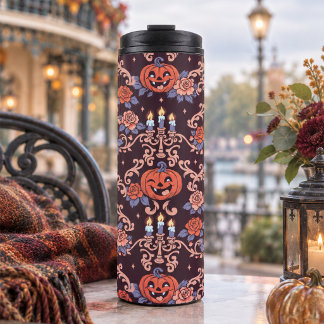 Cute Gothic Halloween Pumpkin & Rose Spooky Thermal Tumbler