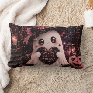 Cute Gothic Pink Ghost Halloween Spooky Hugs Dark Lumbar Pillow