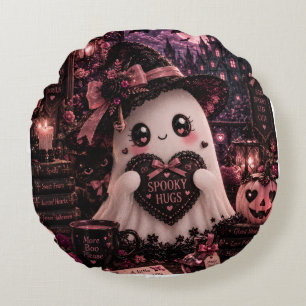 Cute Gothic Pink Ghost Halloween Spooky Hugs Dark Round Pillow