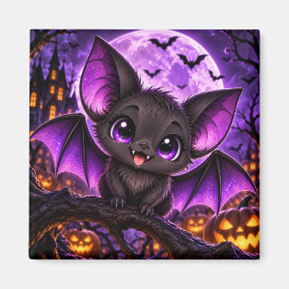 Cute Gothic Purple Bat Halloween Moon Magnet