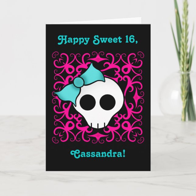 Cute gothic skull birthday for sweet 16 invitation (Front)
