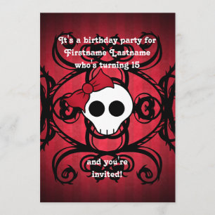 Cute gothic skull on red and black 5x7 birthday invitation