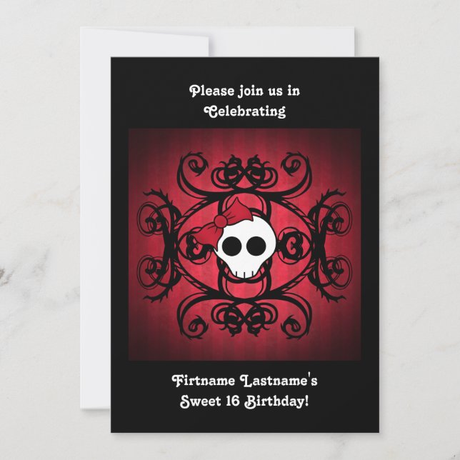 Cute gothic skull on red and black 5x7 sweet 16 invitation (Front)