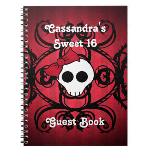 Cute gothic skull on red and black square sweet 16 notebook