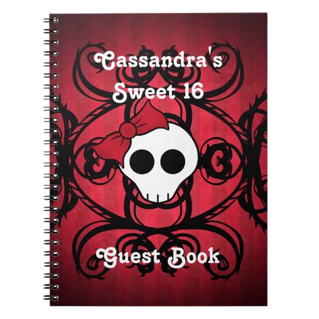 Cute gothic skull on red and black square sweet 16 notebook (Front)