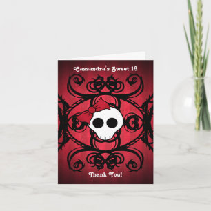 Cute gothic skull on red and black sweet 16 thank you card