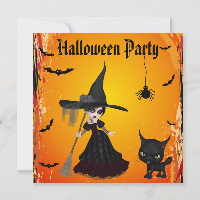 Cute Gothic Witch & Cat Halloween Party Invitation (Front)