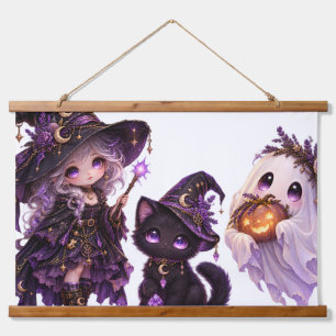 Cute Gothic Witch & Halloween Ghost Tapestry