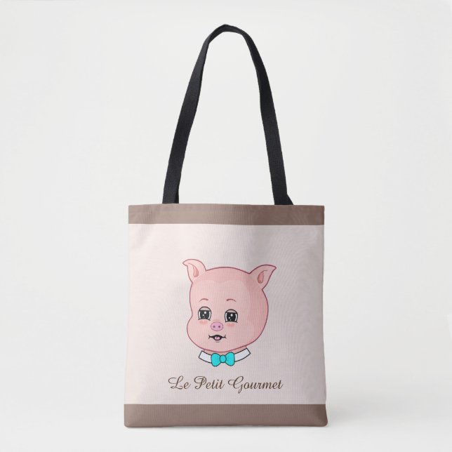 Cute Gourmet Little Pig on Beige Tote Bag (Front)