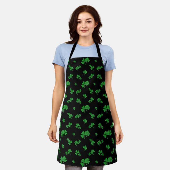 Cute Gradient Green Shamrock Pattern Black Apron (Worn)