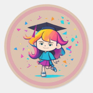 Cute Graduation Class 2025 Cartoon Girl Graduate Classic Round Sticker