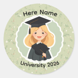 Cute Graduation Girl ,Class of 2026 Custom Name  Classic Round Sticker