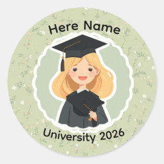 Cute Graduation Girl ,Class of 2026 Custom Name  Classic Round Sticker