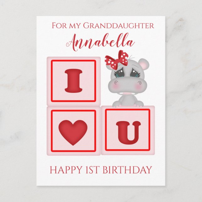 Cute Granddaughter First Birthday Hippo I Love You Postcard (Front)