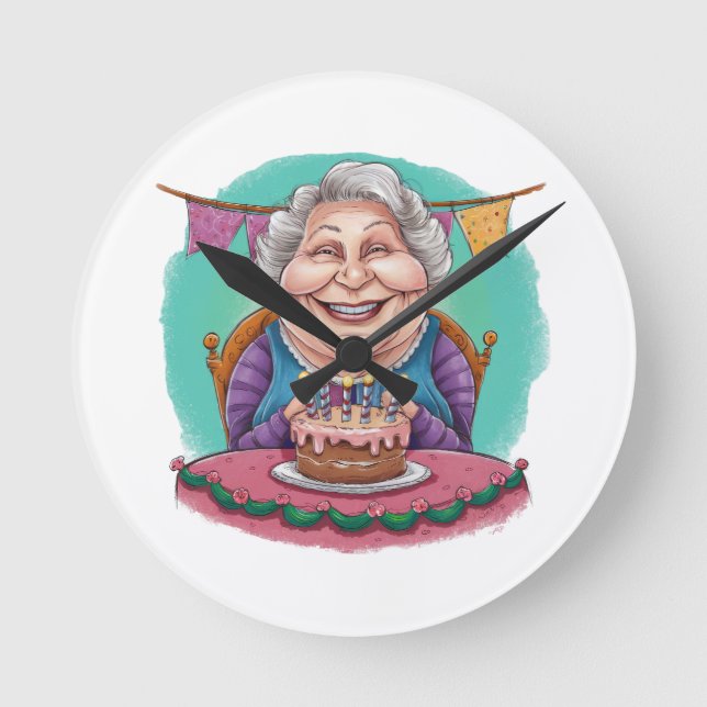 Cute Grandma Birthday Cake Present Round Clock (Front)