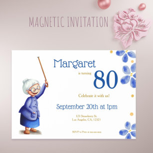 Cute grandmother with cane 80th birthday magnetic invitation