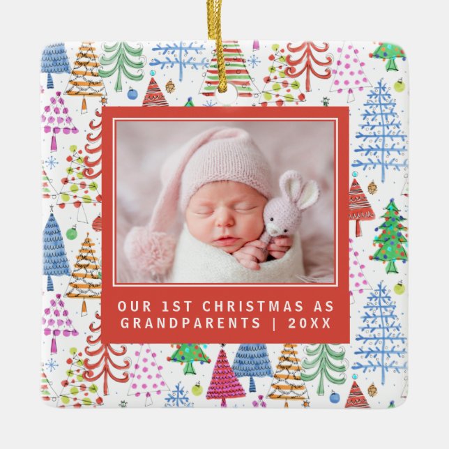 Cute Grandparents 1st Christmas Trees Photo Ceramic Ornament (Front)