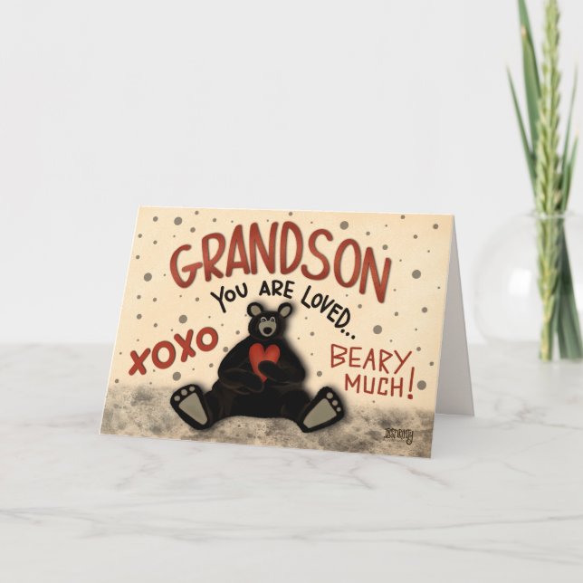 Cute Grandson Valentine Bear Fun Inspirivity Card (Front)