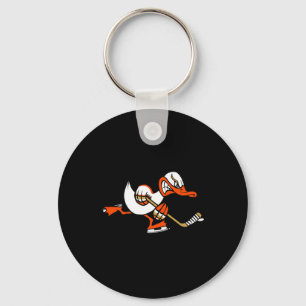 Cute Graphic Cartoon Duck Mascot Playing Ice Hocke Keychain