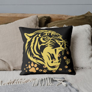 Cute Graphic Safari Tiger Head Roar Cat Paw Black Throw Pillow