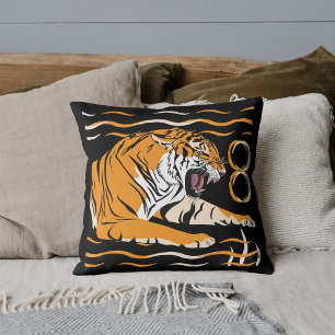 Cute Graphic Safari Wildlife Big Cat Tiger Black Throw Pillow