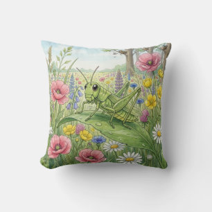 Cute Grasshopper And Flowers Tiny Insects Throw Pillow