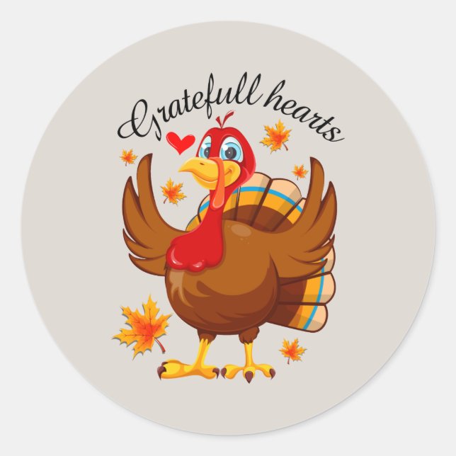 cute Grateful hearts Thanksgiving turkey Classic Round Sticker (Front)