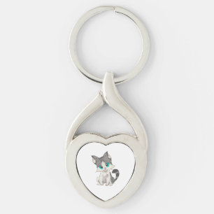 CUTE GRAY AND BEIGE LITTLE KITTEN WITH BLUE EYES KEYCHAIN