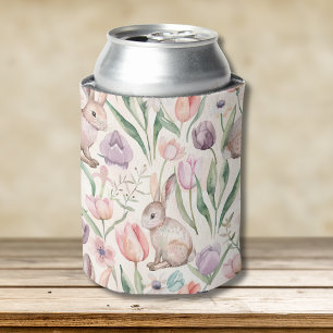 Cute Gray Bunny with Colorful Tulips Can Cooler