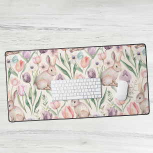 Cute Gray Bunny with Colorful Tulips Desk Mat