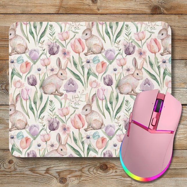 Cute Gray Bunny with Colorful Tulips Mouse Pad (Creator Uploaded)