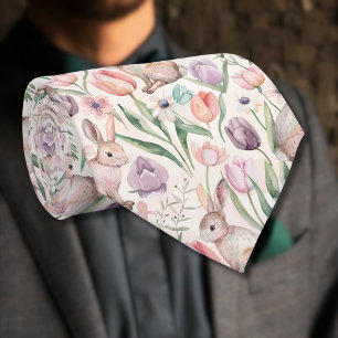 Cute Gray Bunny with Colorful Tulips Tie