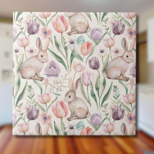 Cute Gray Bunny with Colorful Tulips Tile