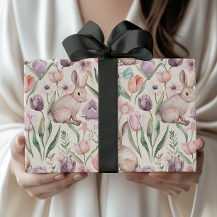 Cute Gray Bunny with Colorful Tulips Wrapping Paper