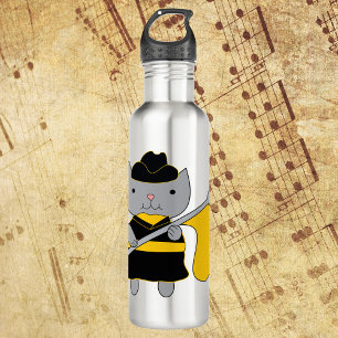 Cute Gray Cat Color Guard Mascot with Yellow Flag 710 Ml Water Bottle