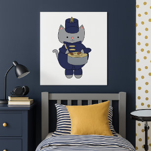 Cute Gray Cat Marching Band Drummer Illustration Poster