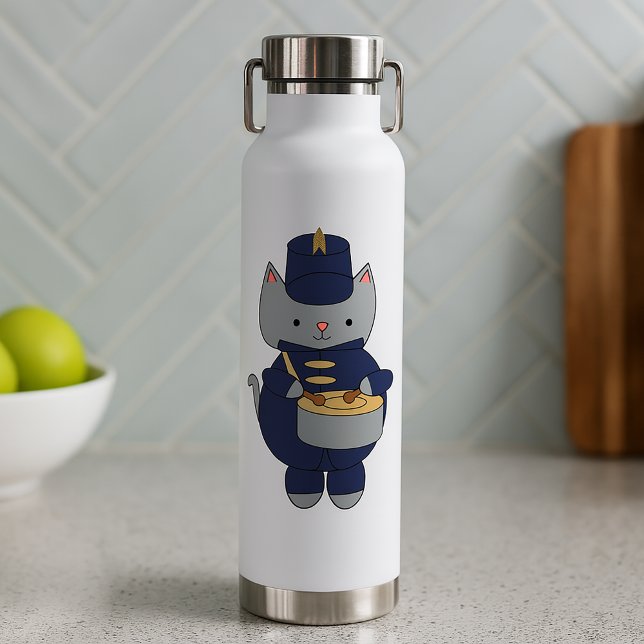 Cute Gray Cat Marching Band Drummer Illustration Water Bottle (A water bottle with a cat playing the snare drum in a navy blue and gold marching band uniform.)