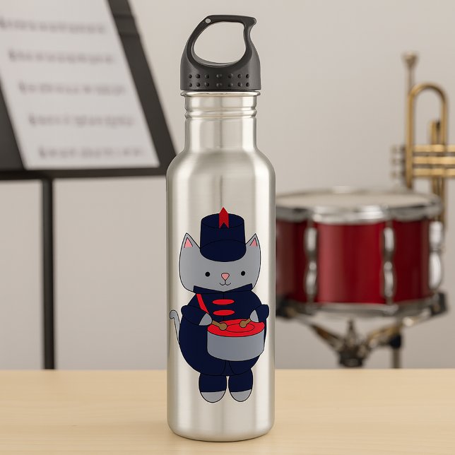Cute Gray Cat Marching Band Uniform Playing Drum 710 Ml Water Bottle (A water bottle with a cute gray cat playing the snare drum & wearing a navy blue & red uniform.)