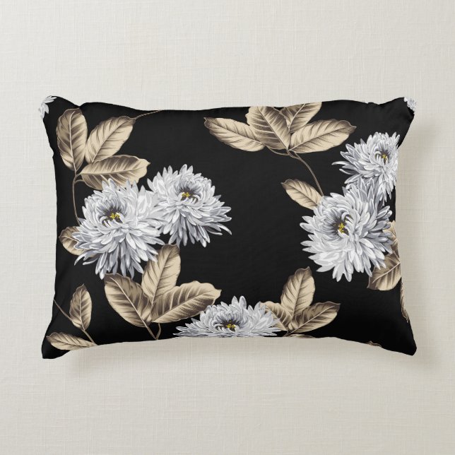 cute gray flowers with brown leaf pattern on black accent pillow (Front)