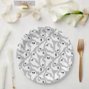 Cute Gray Ghost Halloween Pattern Paper Plate
