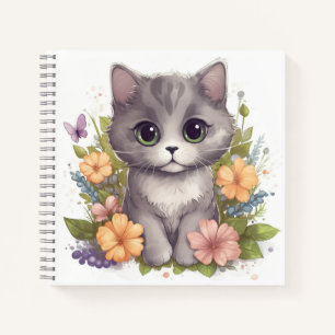 Cute Gray Kitten with Spring Flowers Notebook