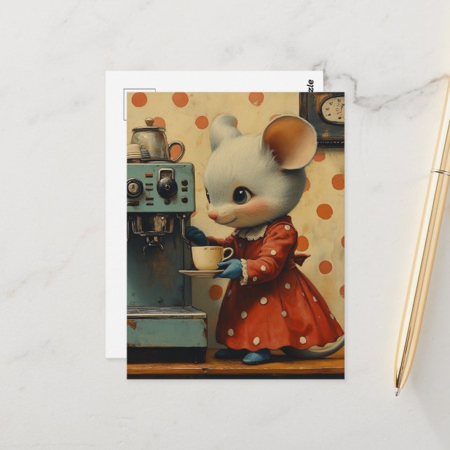 Cute Gray Mouse Makes Coffee Postcard (Front/Back In Situ)