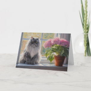 Cute Gray Persian Cat with Pink Flowering Plant  Card