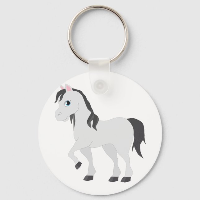 Cute Gray Pony Cartoon Whimsical Horse Keychain (Front)