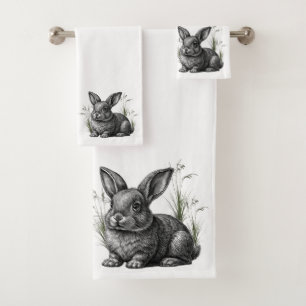 Cute Gray Rabbit Among the Grass Bath Towel Set
