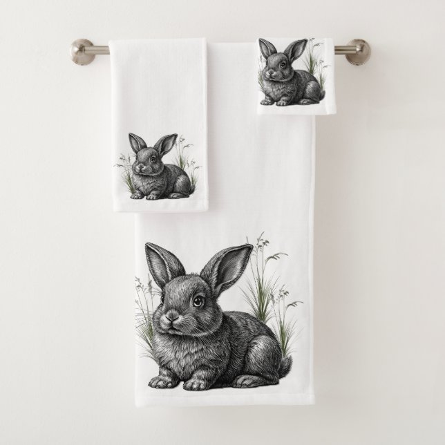 Cute Gray Rabbit Among the Grass Bath Towel Set (Insitu)